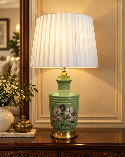 Sage Green Blossom Ceramic Table Lamp with Gold Base