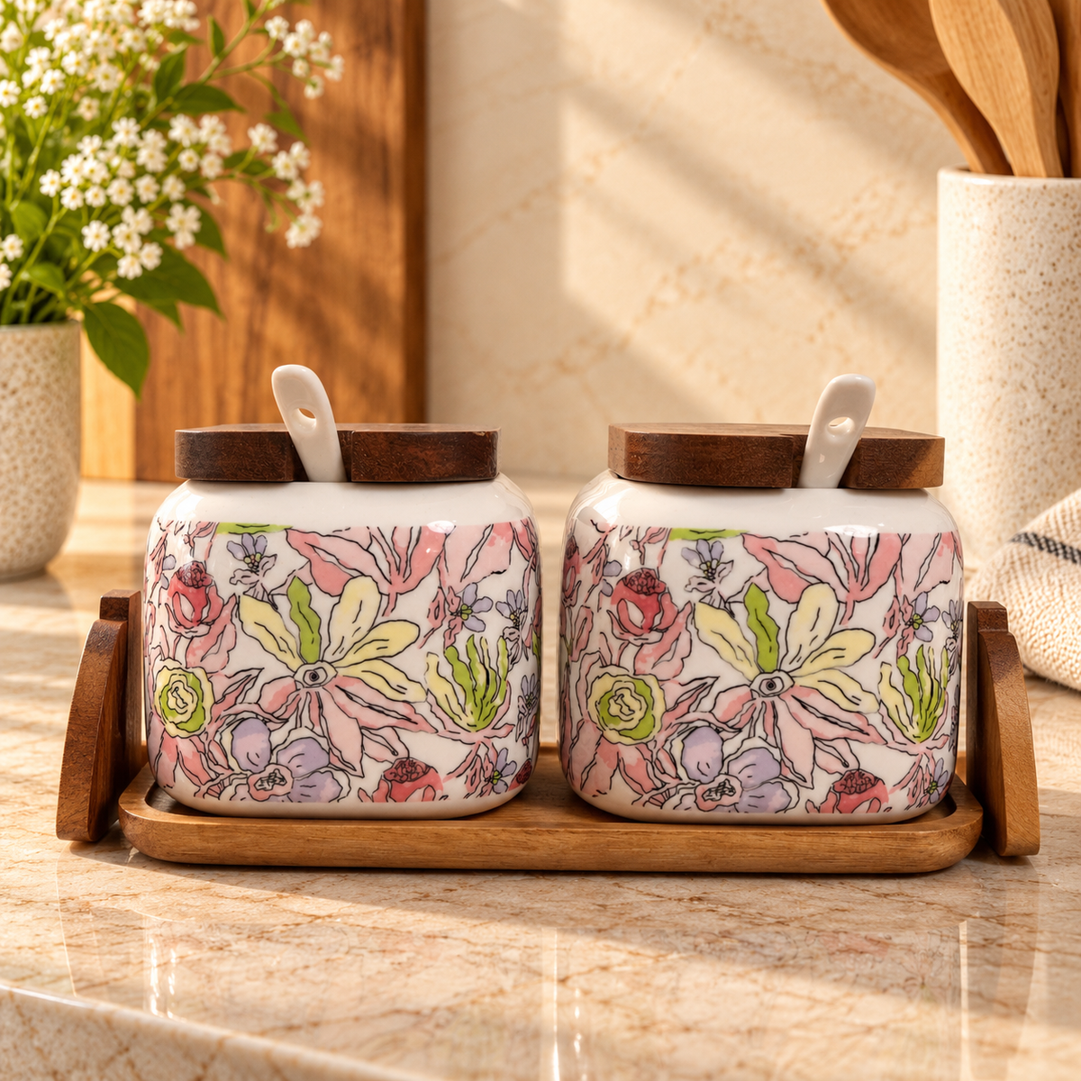Pastel Blossom Ceramic Pickle Jar Set with Wooden Lids, Spoons & Tray (Set of 2)