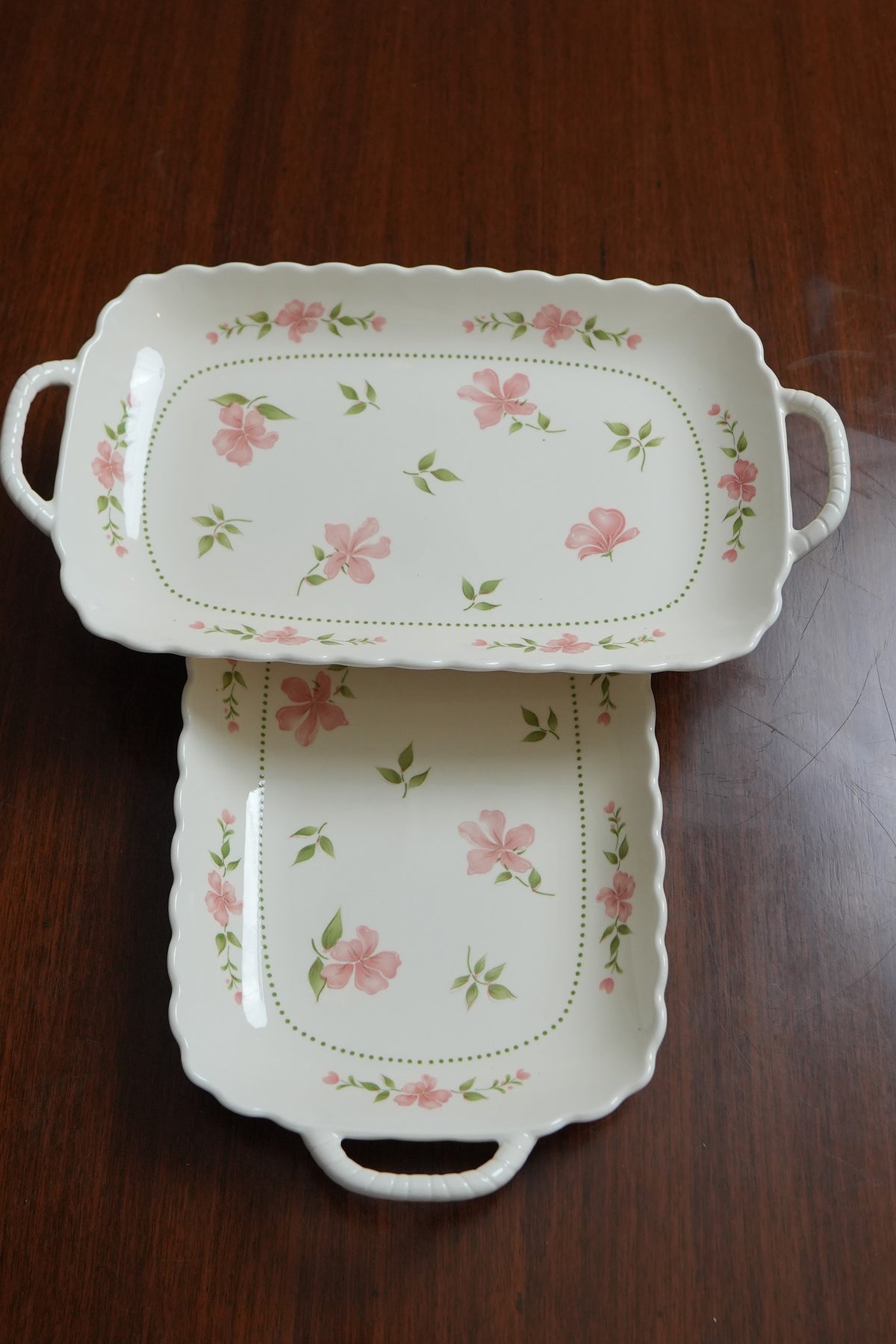 Blush Blossom Ceramic Rectangular Platter with Handles Set of 2