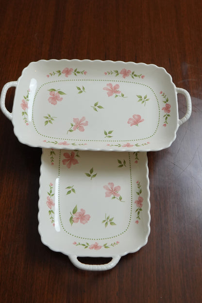 Blush Blossom Ceramic Rectangular Platter with Handles Set of 2