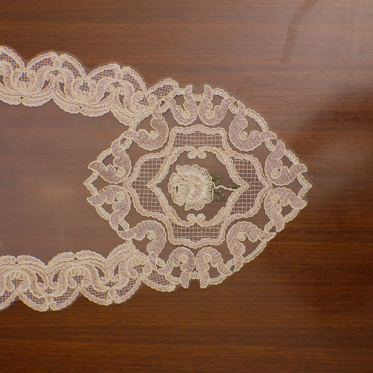 Beige Lace Medallion Sheer Table Runner (Long)