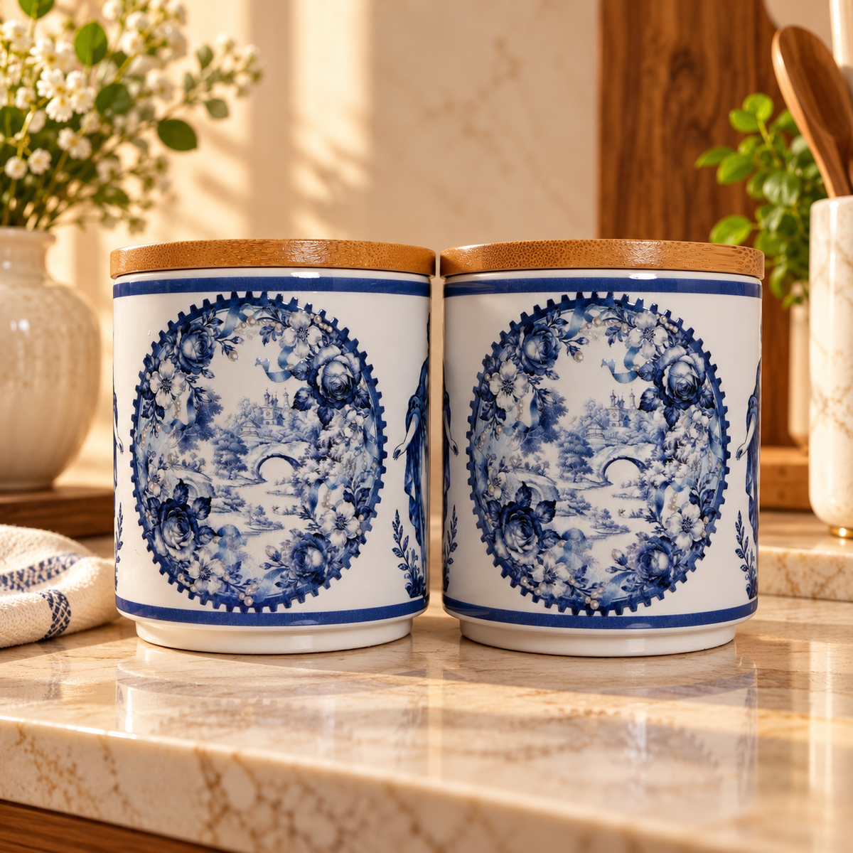 Blue Toile Ceramic Storage Jar with Bamboo Lid (Set of 2)