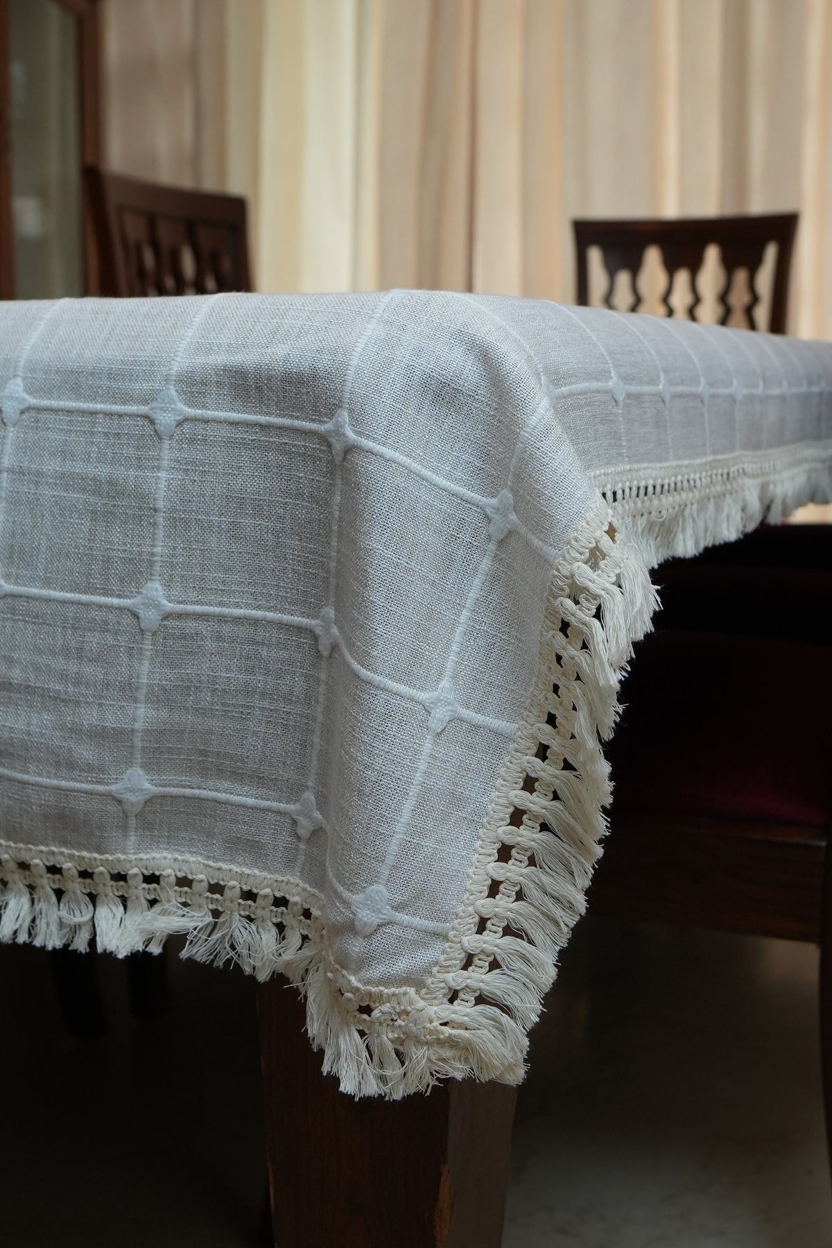 Light Beige Windowpane Check Table Cloth with Tassel Fringe (6 Seater)