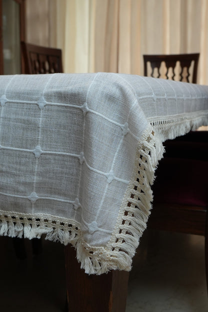 Light Beige Windowpane Check Table Cloth with Tassel Fringe (6 Seater)