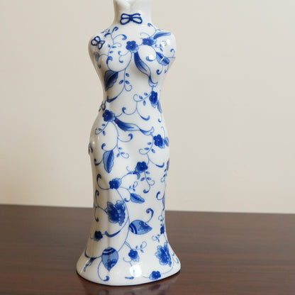 Blue Vine Qipao Lady Ceramic Bud Vase