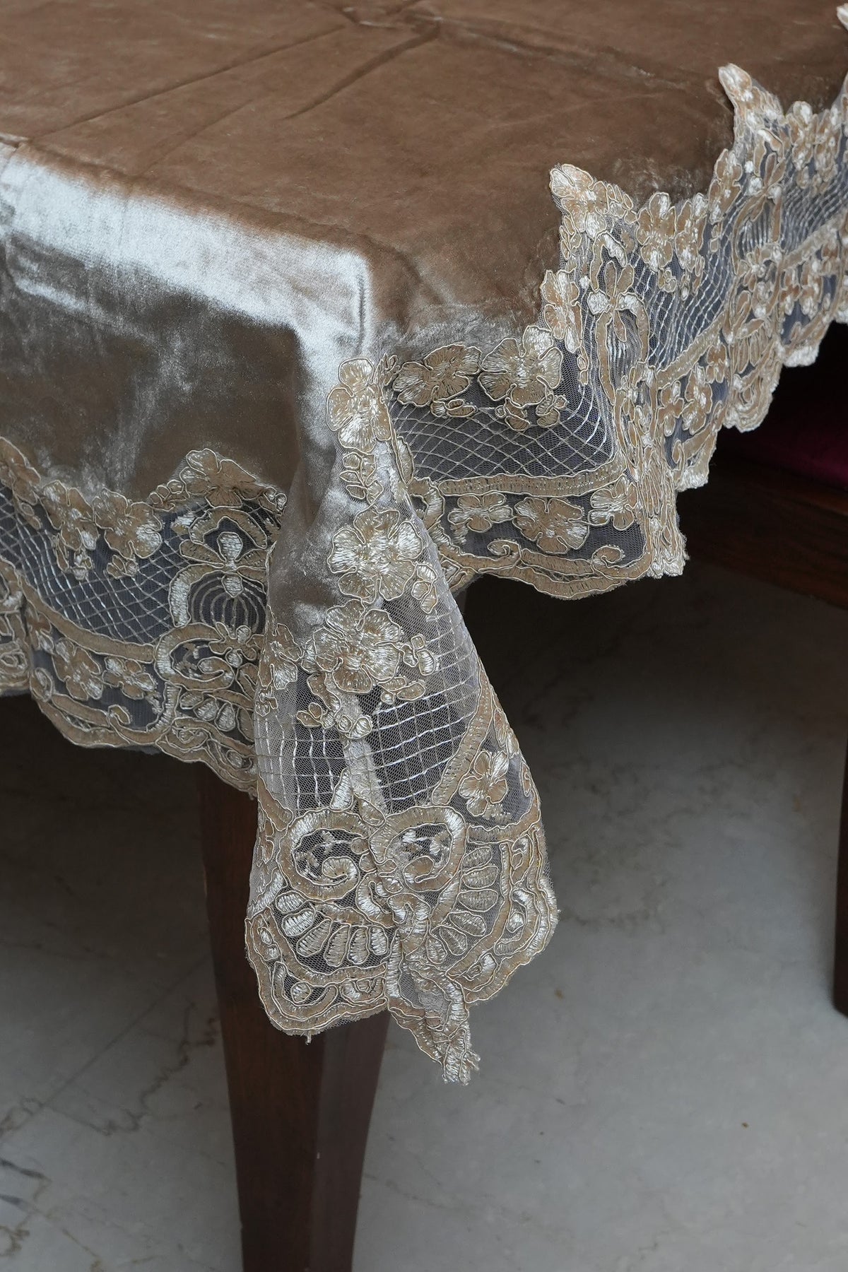 Bronze Satin Table Sheet with Embroidered Lace Panels (6 Seater)