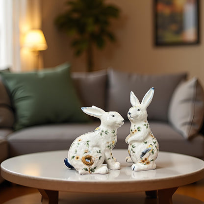 White Floral Rabbit Figurine  2 PC Set