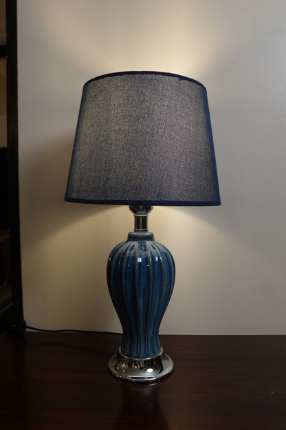 Cobalt Blue Speckled Fluted Ceramic Table Lamp with Navy Shade