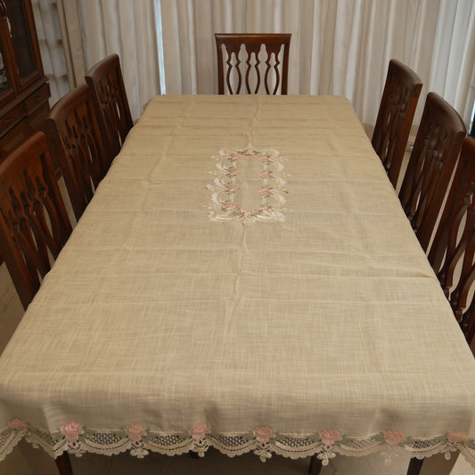 Pink rose lace border table sheet on an 8 seater dining table