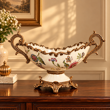 Ivory Floral Ceramic Boat Centerpiece with Gold Handles