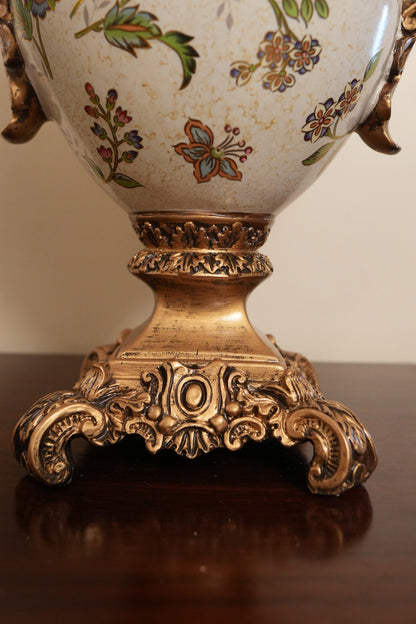 Ivory Floral Ceramic Urn Vase with Gold Scroll Handles & Pedestal