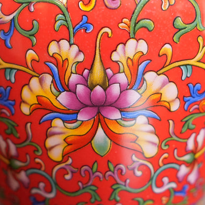 Coral Red Enamel Lotus Ceramic Lidded Jar
