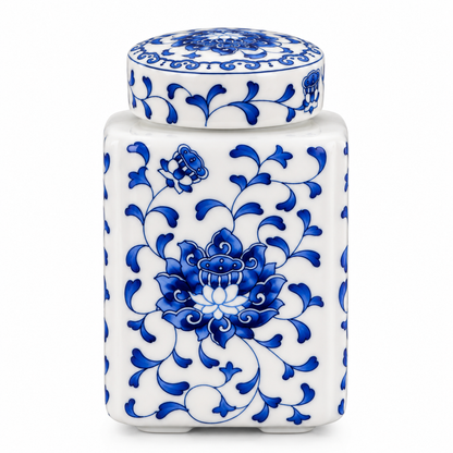 Blue Lotus Scroll Ceramic Square Lidded Jar (Set of 2)