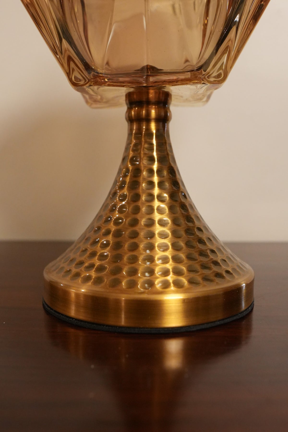 Amber Glass Lidded Pedestal Bowl with Hammered Gold Stand