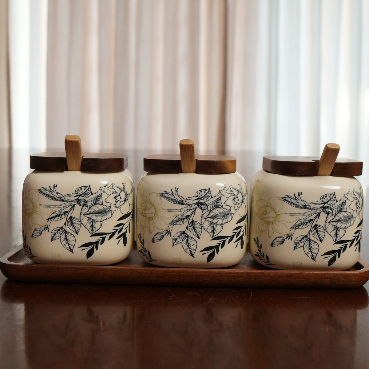 Ink Botanical Ceramic Pickle Jar Set with Wooden Lids, Spoons & Tray (Set of 3)