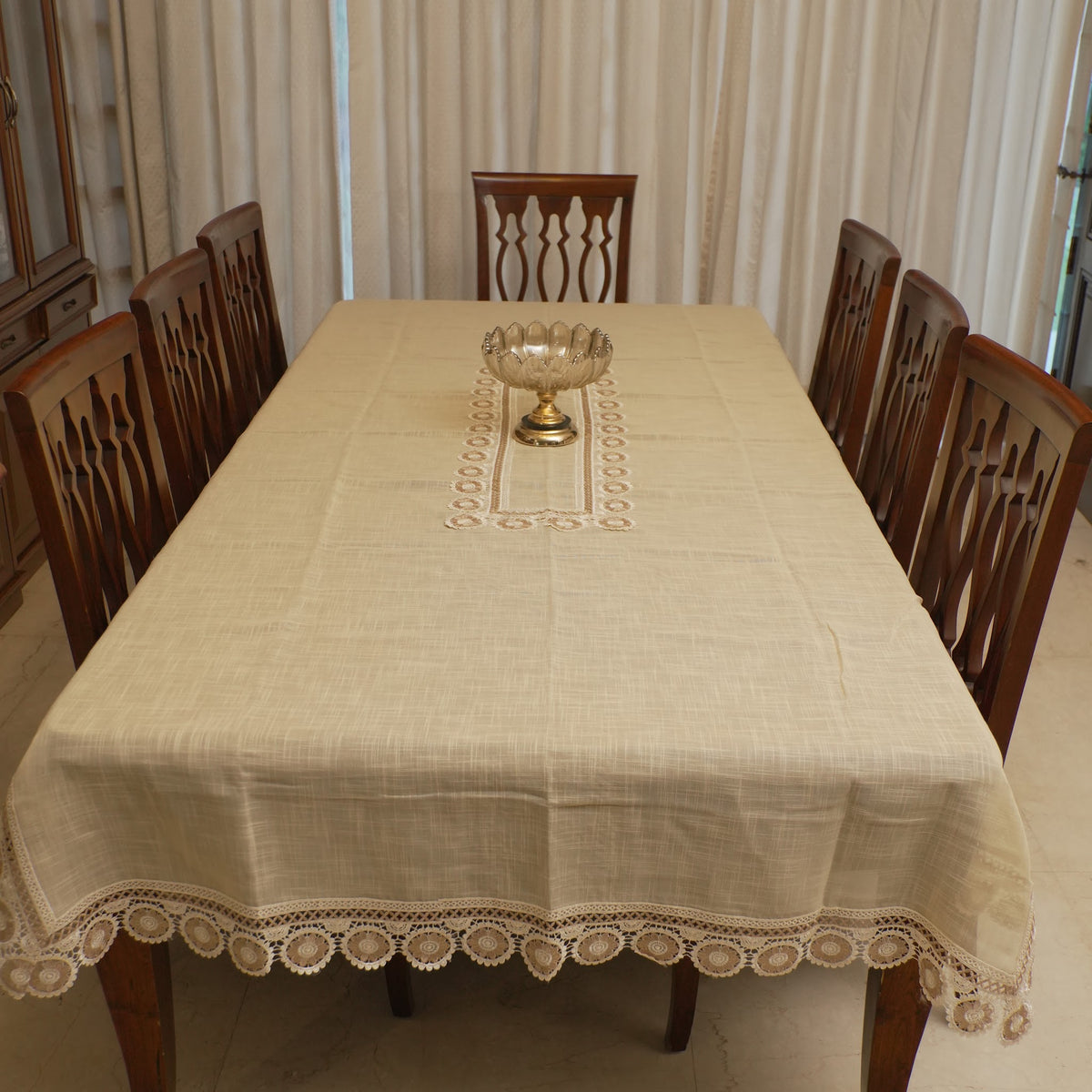 Beige Medallion Lace Border Table Sheet (10 Seater)