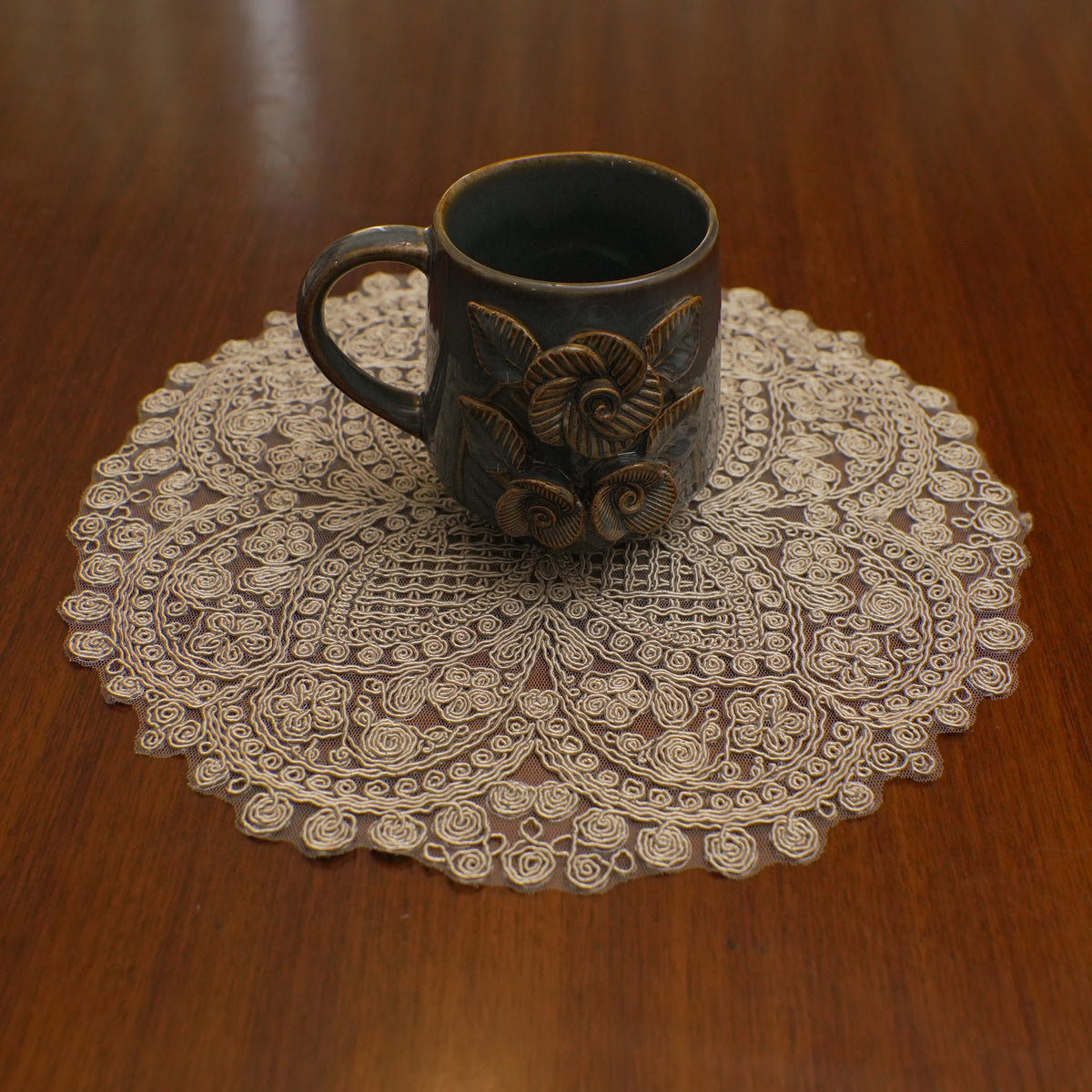 Beige Lattice Spiral Crochet Lace Round Table Mat (Set of 2)