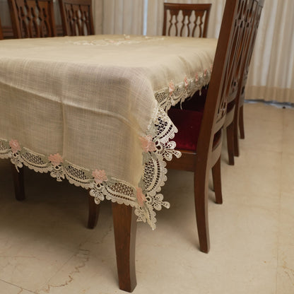 Corner drape showing the pink rose lace border
