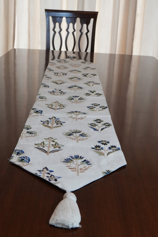 Blue Floral Buta Table Runner with Tassels (Long)