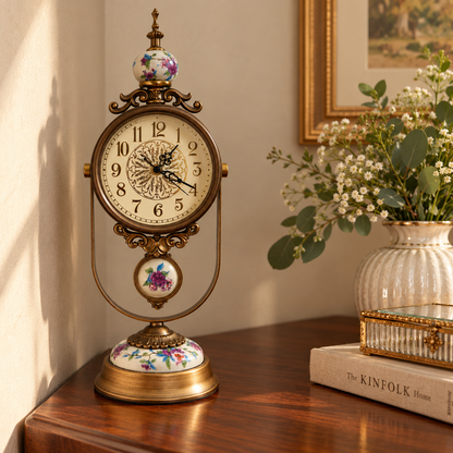 Violet Blossom Porcelain & Brass Pendulum Table Clock