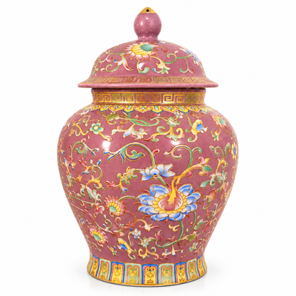 Rose Pink Lotus Ceramic Ginger Jar with Gold Greek Key