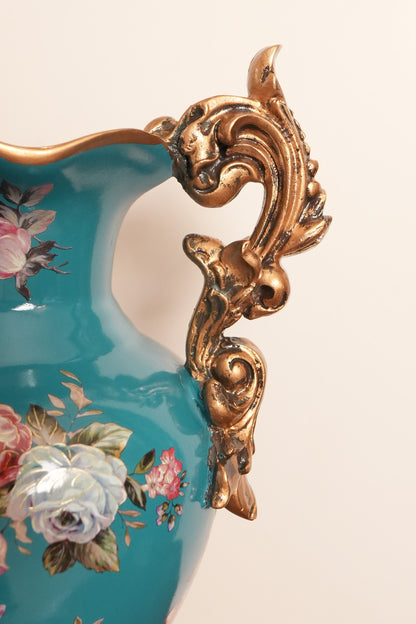 Teal Rose Bouquet Ceramic Vase with Gold Scroll Handles & Pedestal