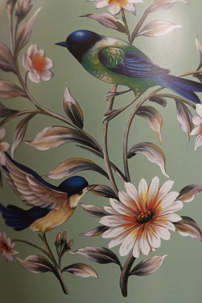 Sage Green Bird & Blossom Flared-Neck Ceramic Vase