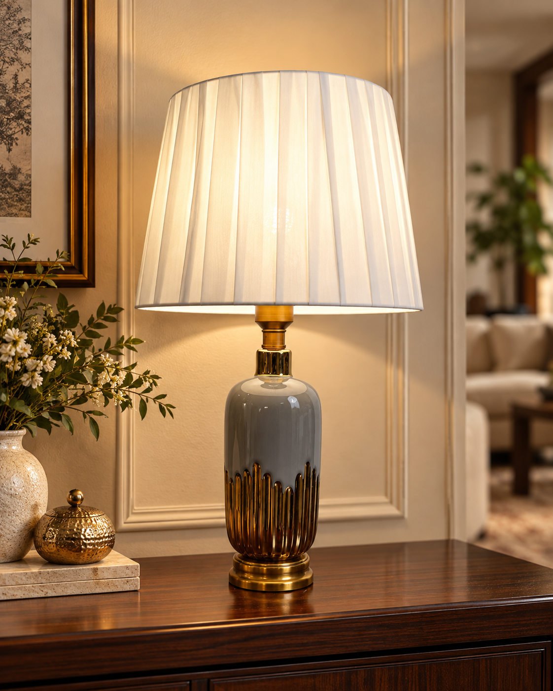 Grey & Gold Drip Ceramic Table Lamp