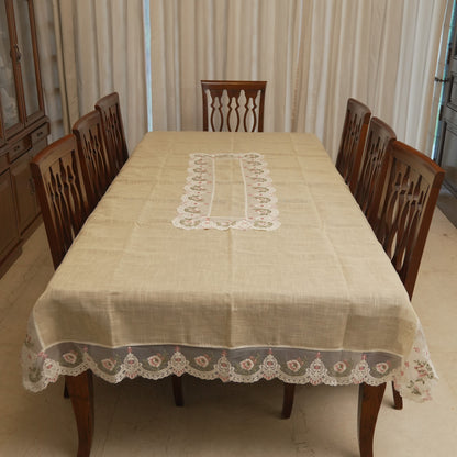 Pink Rose Embroidered Organza Border Table Sheet (10 Seater)