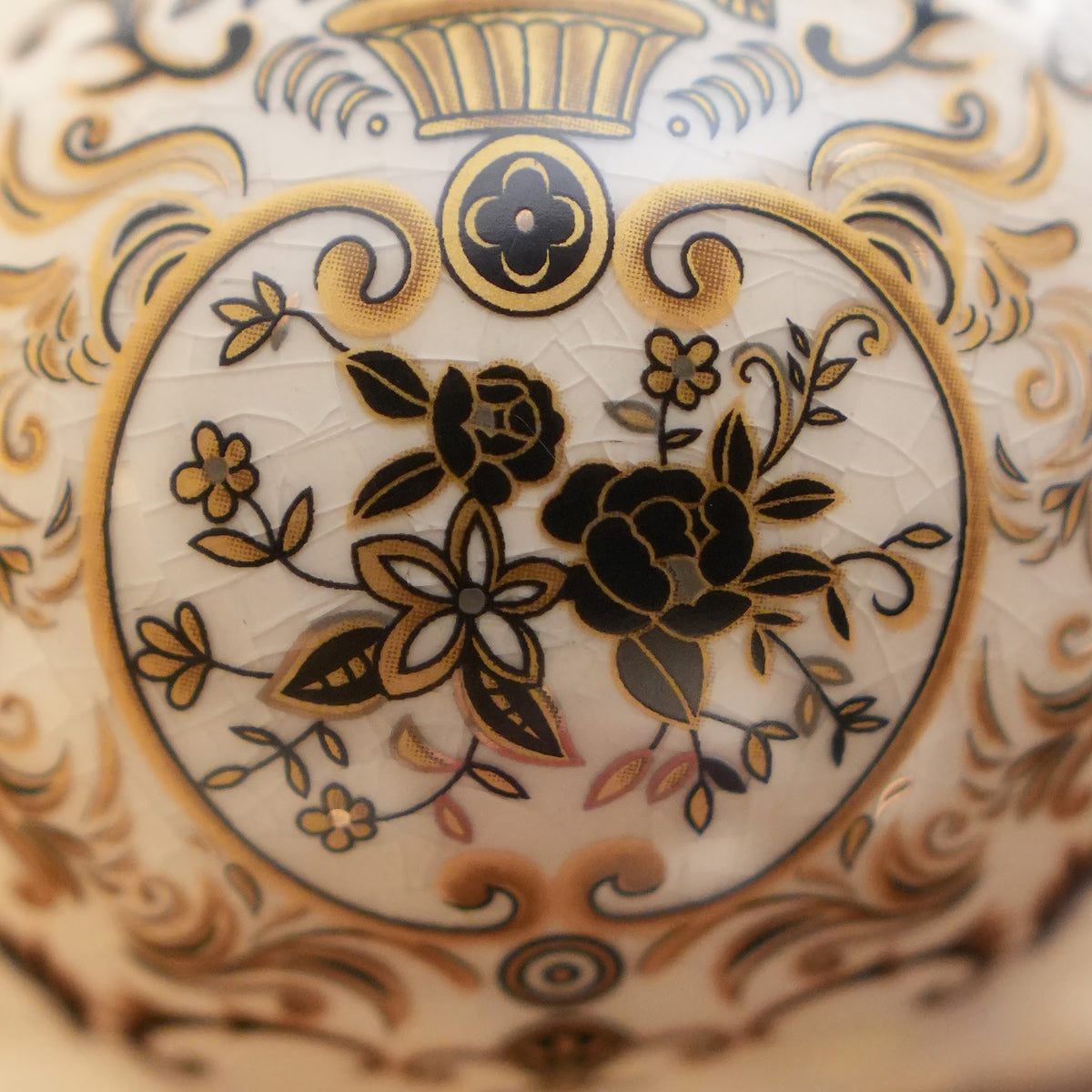 Ivory Baroque Ceramic Lidded Urn with Gold Scroll Handles & Pedestal