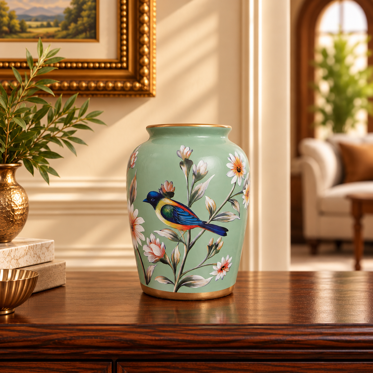 Sage Green Bird & Blossom Classic Ceramic Vase