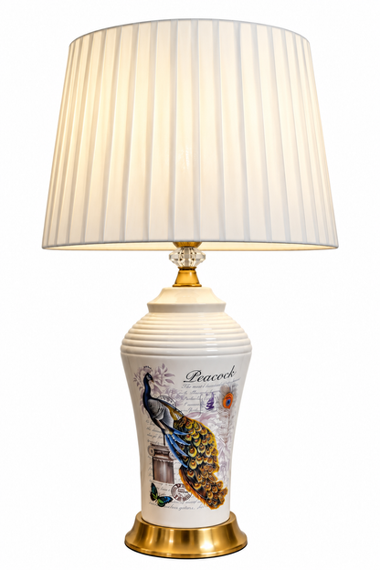 White Peacock Vintage Script Ceramic Table Lamp