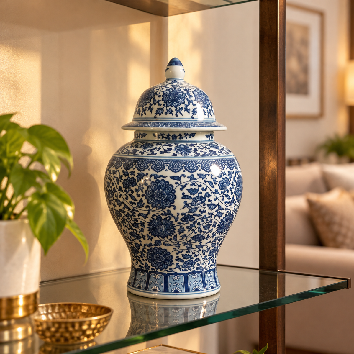 Ming Blue Lotus Ceramic Temple Jar
