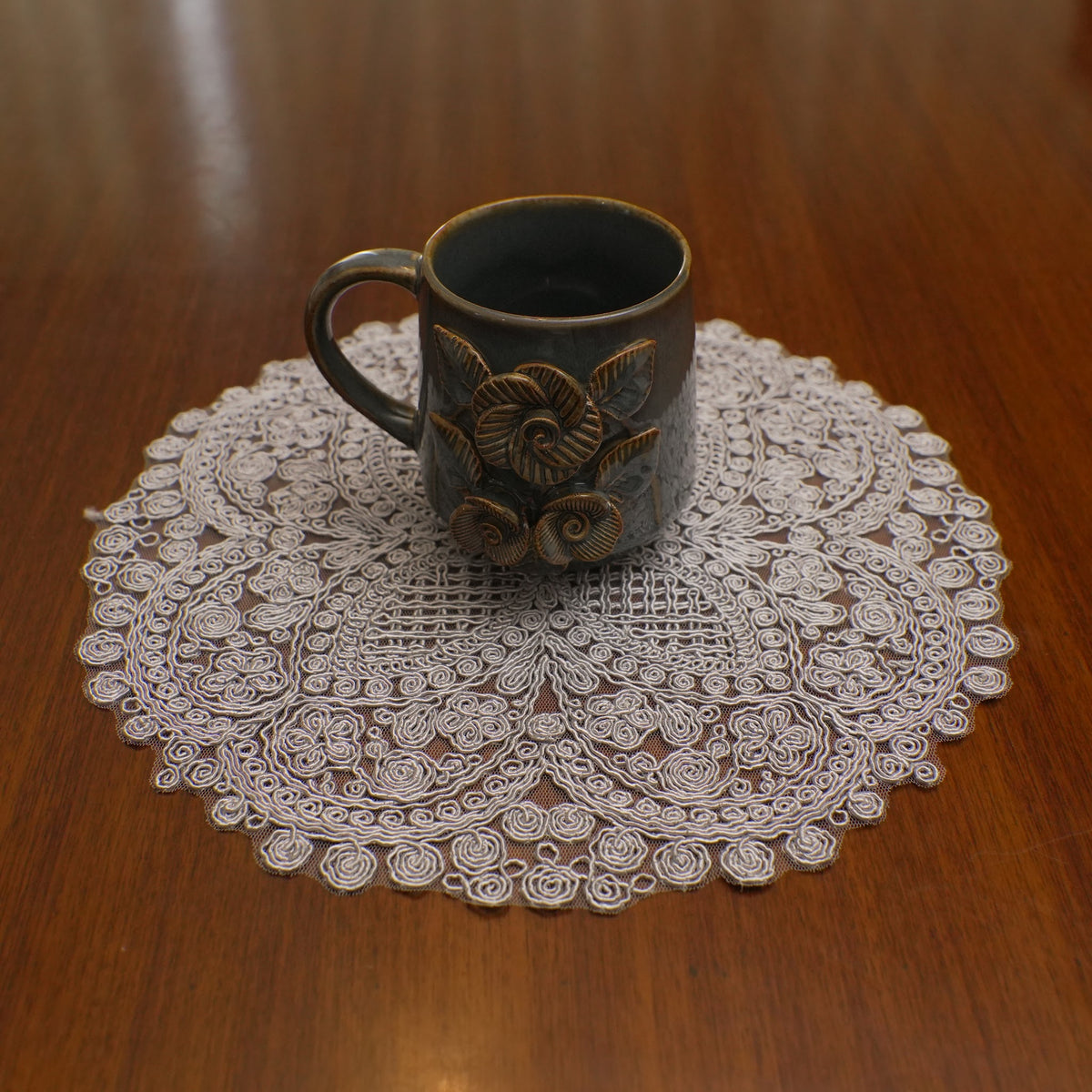 Silver Grey Lattice Crochet Lace Round Table Mat (Set of 2)