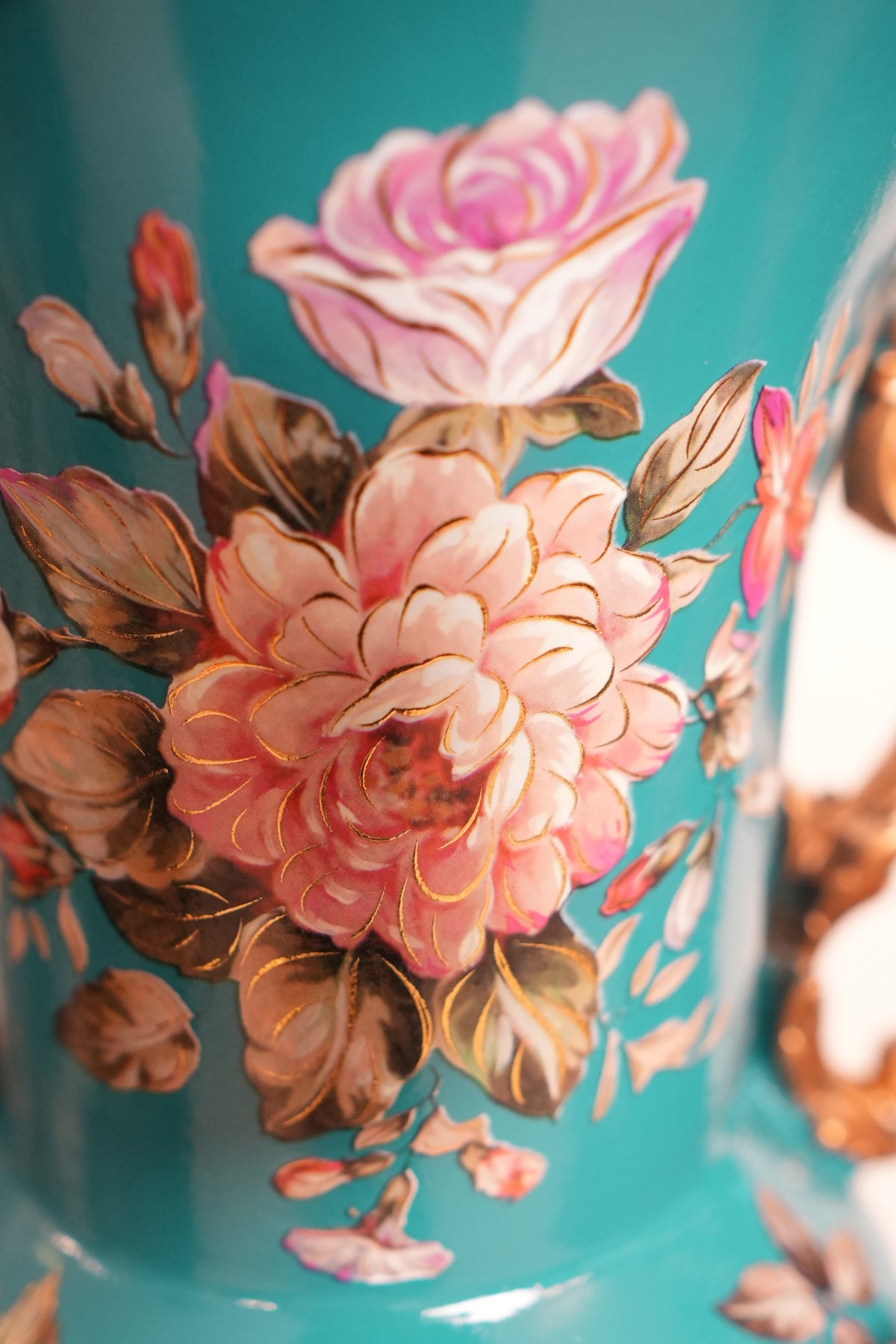 Teal Peony Ceramic Trumpet Vase with Gold Handles & Pedestal