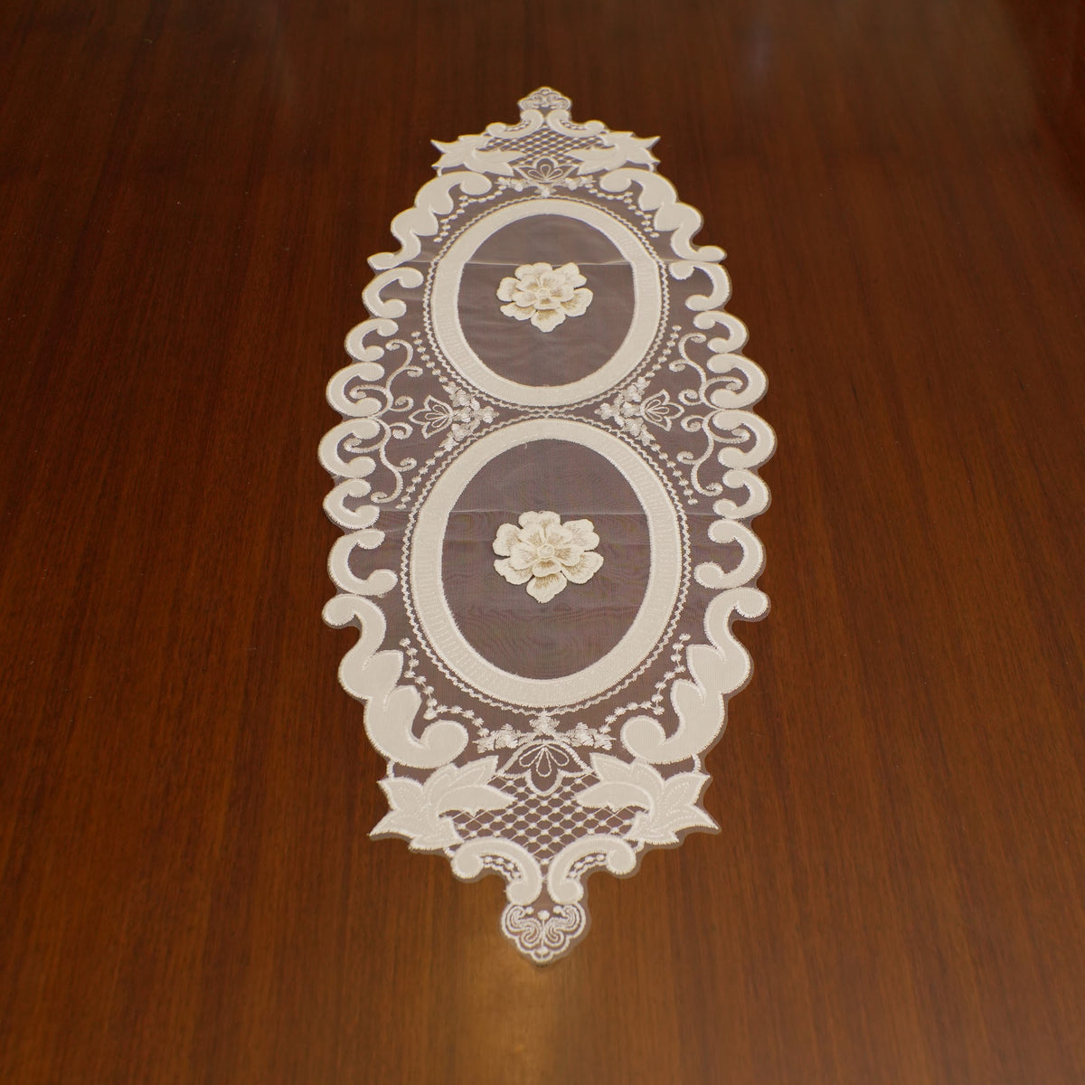 Ivory 3D Flower Oval Sheer Table Runner (Small)