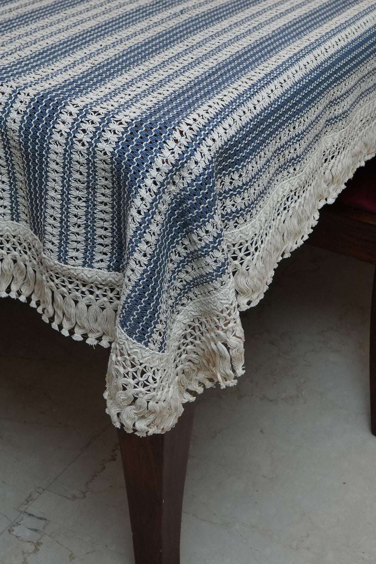 Navy & Cream Woven Stripe Table Sheet with Crochet Fringe (6 Seater)