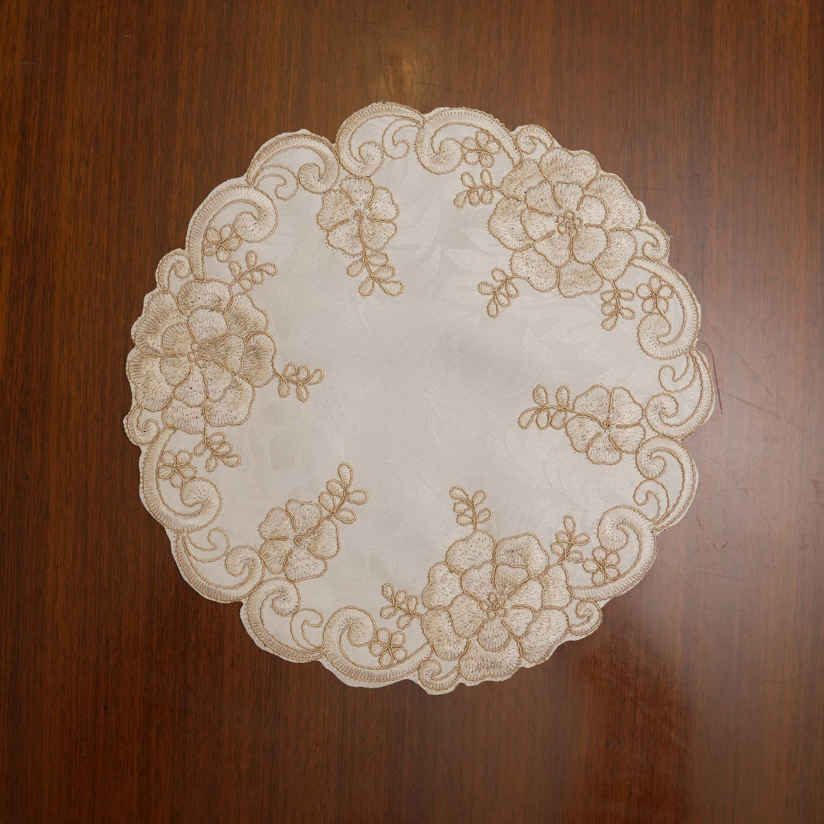 White & Gold Floral Embroidered Cutwork Round Table Mat (Set of 2)