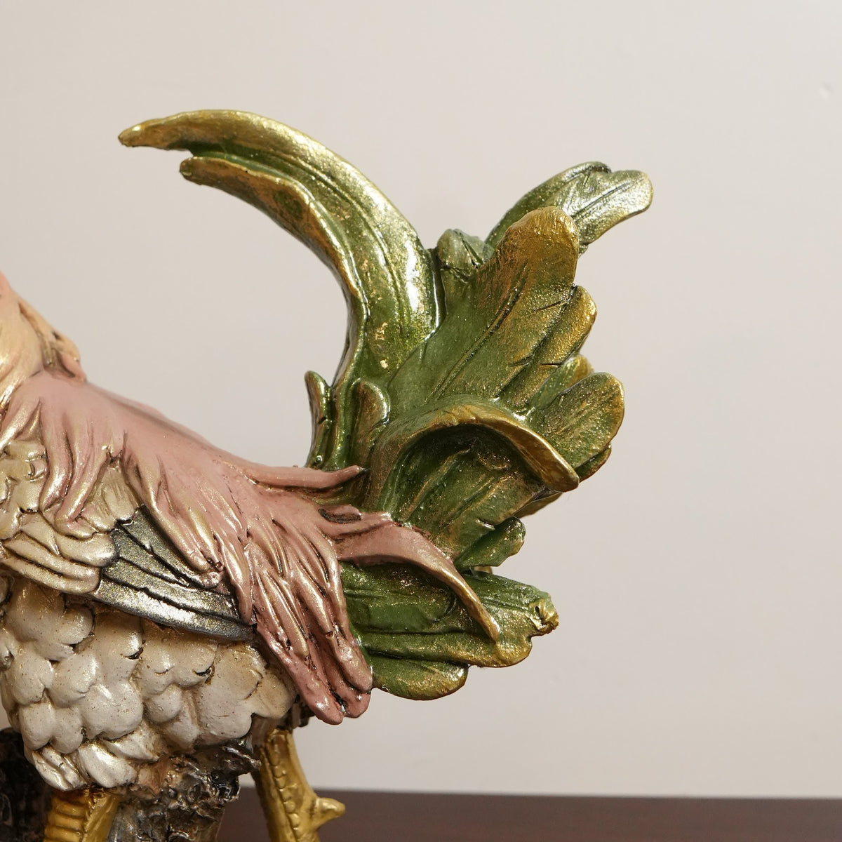 Golden Feather Rooster Figurine on Rock Base