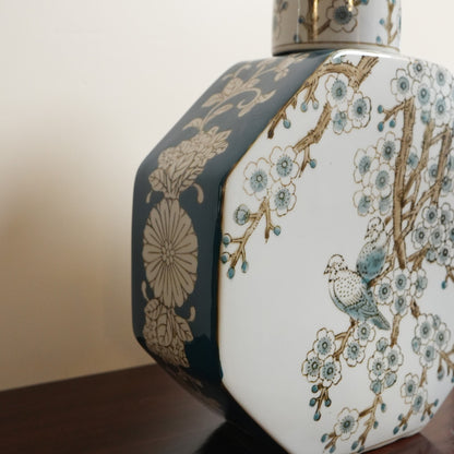 Grand Bluebird & Blossom Tree Ceramic Octagonal Flask Vase