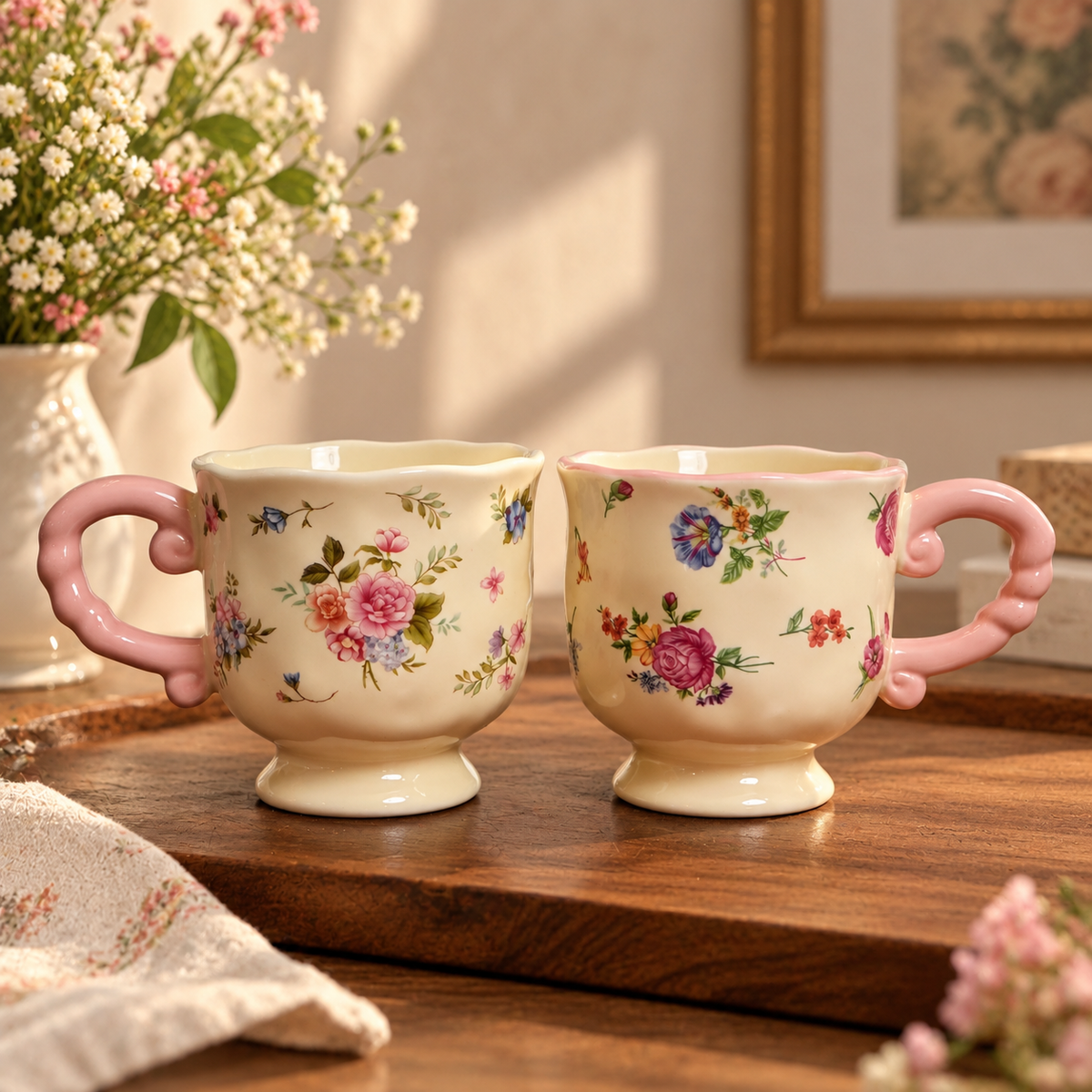 Cottage Bloom Ceramic Mug with Pink Twisted Handle (Set of 2)