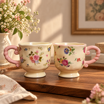 Cottage Bloom Ceramic Mug with Pink Twisted Handle (Set of 2)