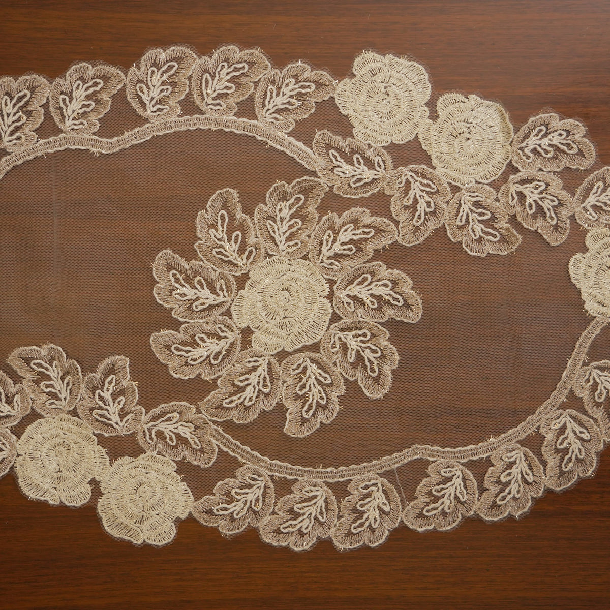 Beige Lace Rose Sheer Table Runner (Small)