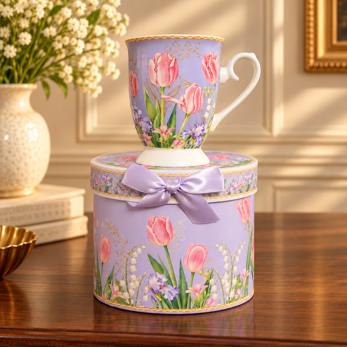 Lilac Tulip Ceramic Mug with Round Gift Box