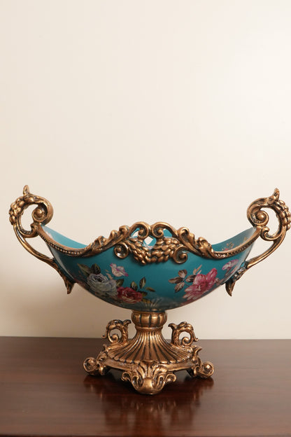 Teal Floral Ceramic Boat Centerpiece with Gold Handles