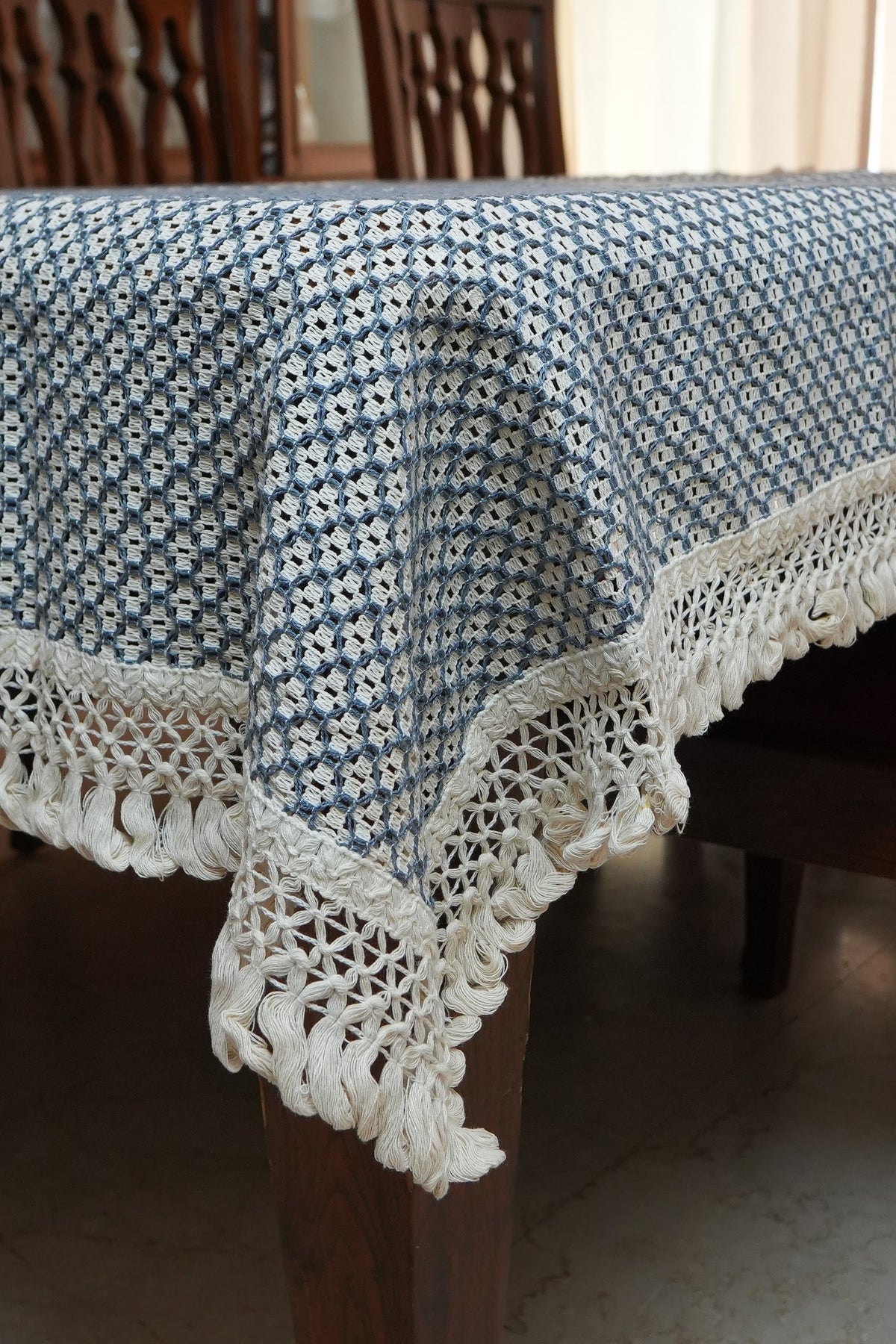Navy & Cream Woven Lattice Table Sheet with Crochet Fringe (6 Seater)