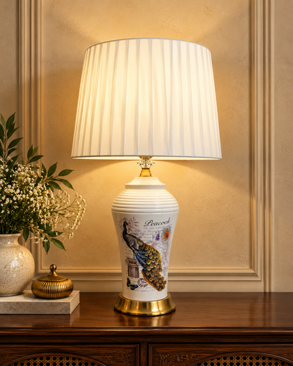 White Peacock Vintage Script Ceramic Table Lamp