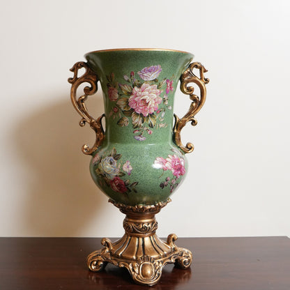 Sage Green Peony Ceramic Trumpet Vase with Gold Scroll Handles & Pedestal