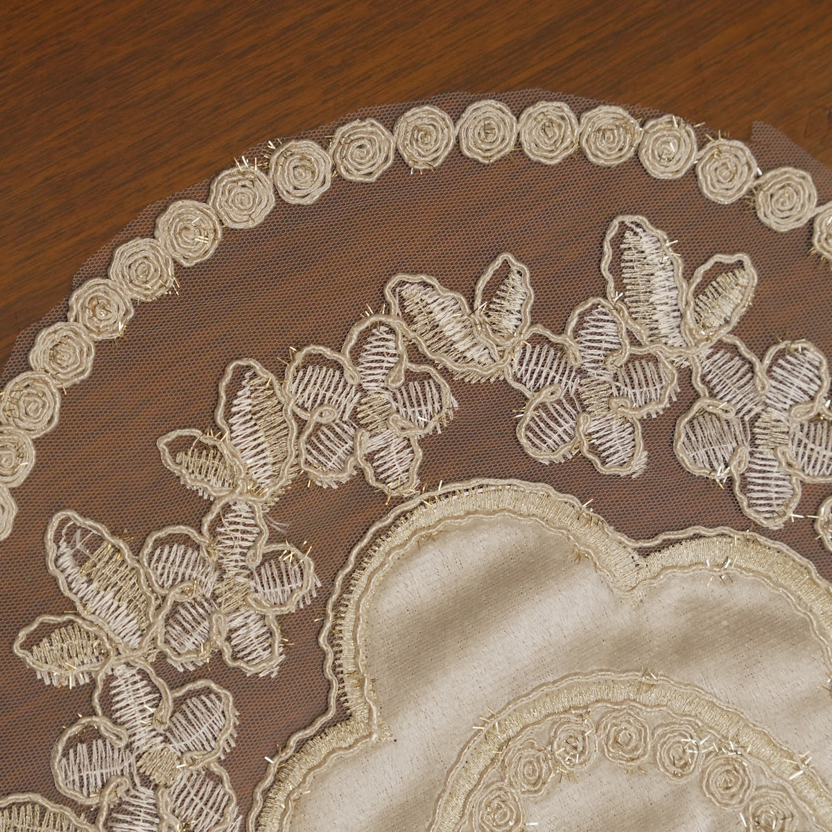 Champagne Satin Centre Floral Lace Oval Table Mat (Set of 2)