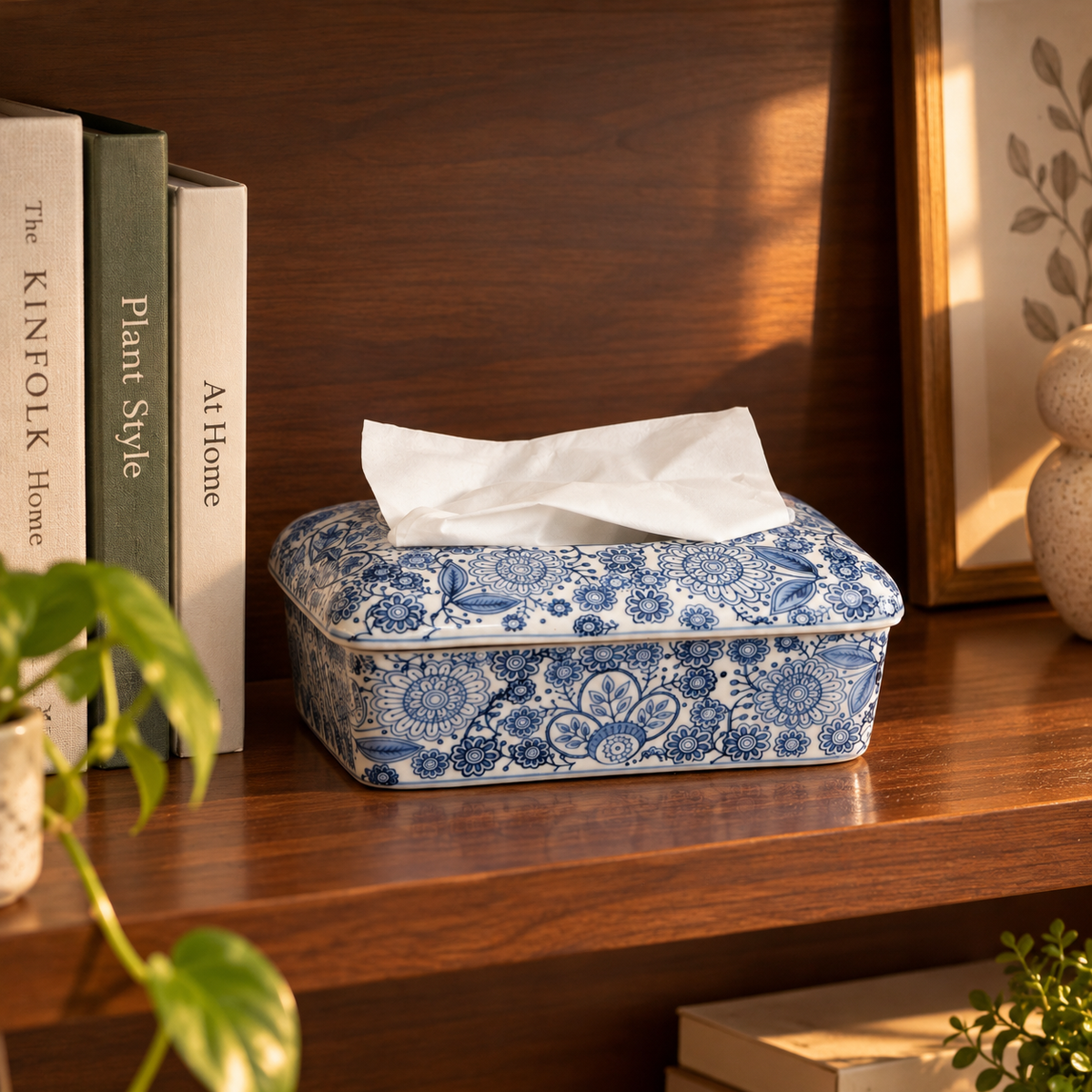 Blue Floral Medallion Ceramic Tissue Box